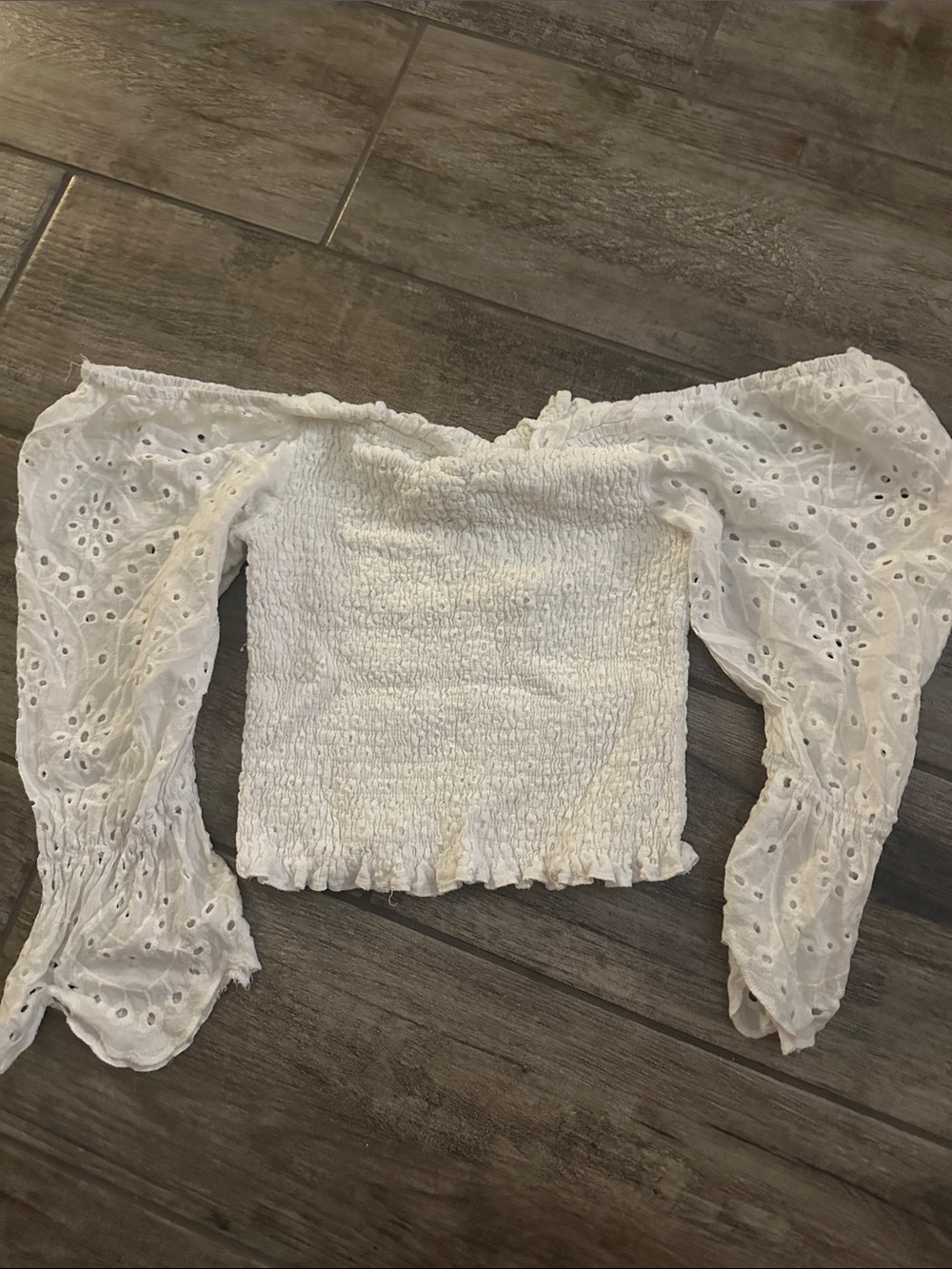 White Off-Shoulder Eyelet Smocked Top with Puff Sleeves